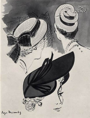 Roger Descombes, Trois Chapeaux à la Mode de 1947, 1947 - Illustration de mode d'après un dessin original, « La Femme Chic», 1947